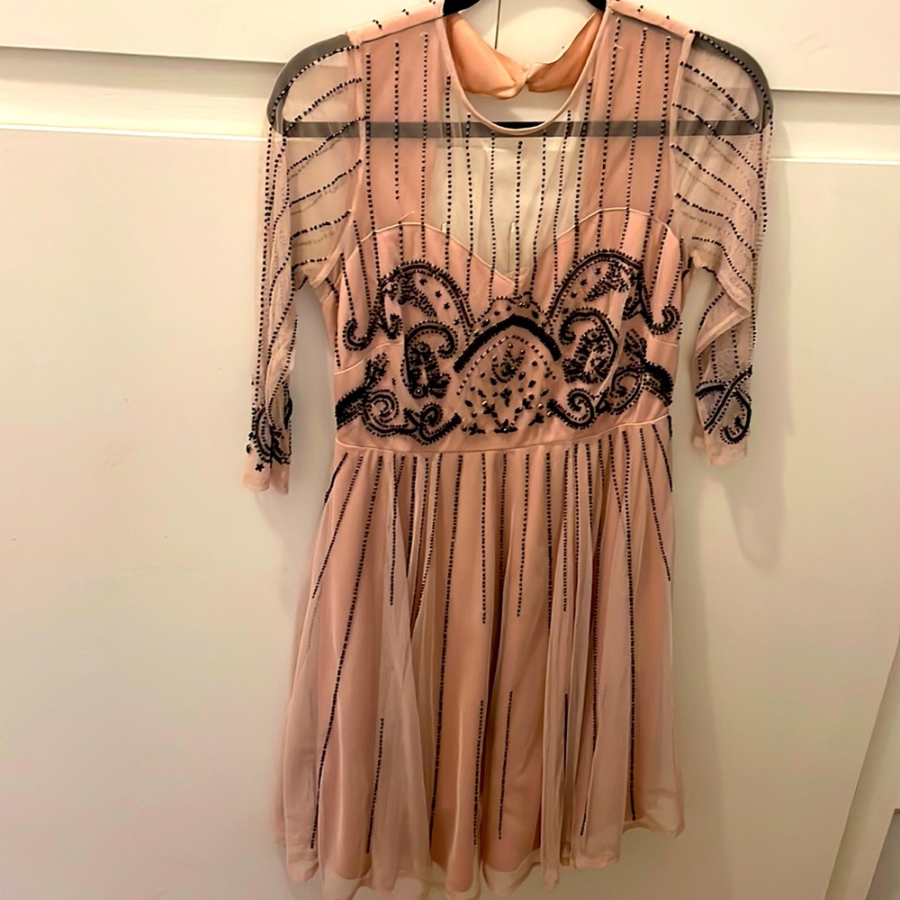 Maternity beaded dress. 20’s style. Light pink with black beading detail.